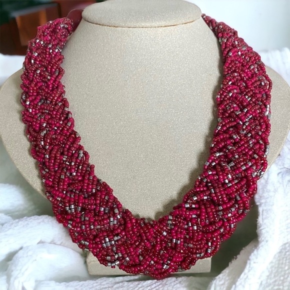Vintage Jewelry - Red Seed Beads Glitter Multi-strand collar bib necklace vintage boho jewelry